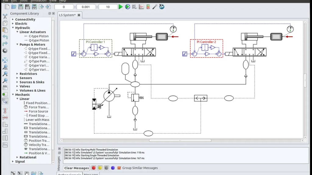 A load sensing hydraulic servo system with two actuators modelled in Hopsan